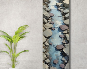 Long Narrow Abstract Stream Canvas Wall Art, Flowing Water Among Flat Stones Print, Vertical Nature Landscape, Modern Zen Decor Gift