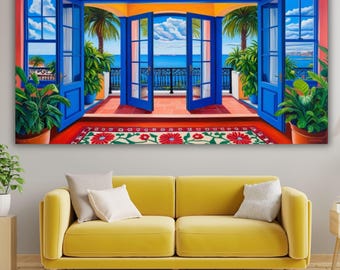 Henri Matisse Style Blue Veranda Canvas, Mediterranean Balcony Wall Art, Panoramic Coastal Window View, Vibrant Modern Nature Painting Gift