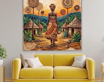 Afrikanische Frau Leinwanddruck, Buntes Dorf Wand Kunst, Stammes Mosaik Figur Poster, Boho Ethnisches Wohnkultur Geschenk