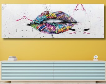 Graffiti Lips Canvas Wall Art, Long Horizontal Pop Art Print, Urban Street Style Decor, Colorful Mouth Painting, Splash Paint Bedroom Decor