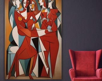Kubistyczne kobiety, wydruk na płótnie, sztuka ścienna w stylu Picassa, abstrakcyjny plakat z pięcioma kobietami, czerwono-turkusowy, feministyczny prezent do domu