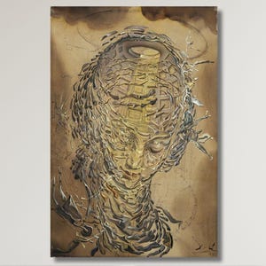 May include: An abstract painting featuring a surreal portrait with a head composed of geometric shapes and a neck of layered forms. The artwork is in shades of brown and gold, with delicate lines and details.
