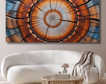 Arte de parede em tela com anéis de crescimento de árvores, impressão abstrata de fatias de madeira, decoração rústica moderna inspirada na natureza, círculos minimalistas da floresta, arte orgânica com veios de madeira.