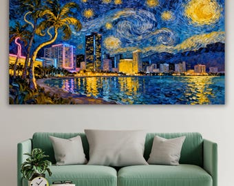Miami Starry Night Canvas Art, Van Gogh Style Skyline Decor, Tropical Ocean Cityscape Wall Art, Large Impasto Oil Painting Art, Miami Gift