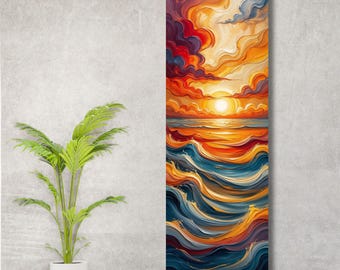 Długi, wąski, abstrakcyjny obraz na płótnie z zachodem słońca i oceanem, panoramiczny obraz na ścianę z plażą, duży poziomy pejzaż morski, nowoczesny niebiesko-pomarańczowy horyzont, dekoracja nad łóżkiem