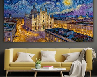 Lienzo de la Noche Estrellada de Milán, decoración del Duomo de Milán estilo Van Gogh, arte mural de paisaje urbano italiano, impresión de pintura al óleo empaste grande, regalo de Milán