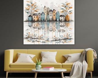 Cuadro abstracto de paisaje urbano sobre lienzo, decoración de pared con reflejo del horizonte, impresión de pintura de ciudad nocturna colorida, regalo panorámico grande para la sala de estar.