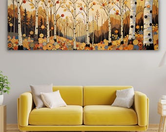Cuadro de bosque de abedules al estilo Klimt, decoración de pared otoñal Art Nouveau, impresión de paisaje en mosaico, regalo panorámico grande para la sala de estar.