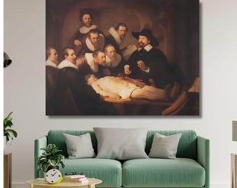 May include: A rectangular wall art print featuring a reproduction of Rembrandt's The Anatomy Lesson of Dr. Nicolaes Tulp. The painting depicts a group of men in dark clothing with white collars observing a medical dissection of a human body.