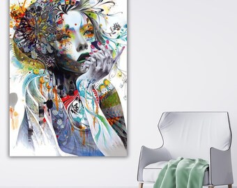 Arte moderno en lienzo con grafiti femenino, retrato callejero estilo Banksy, pintura pop colorida y vibrante, arte mural urbano único, regalo para mujer.