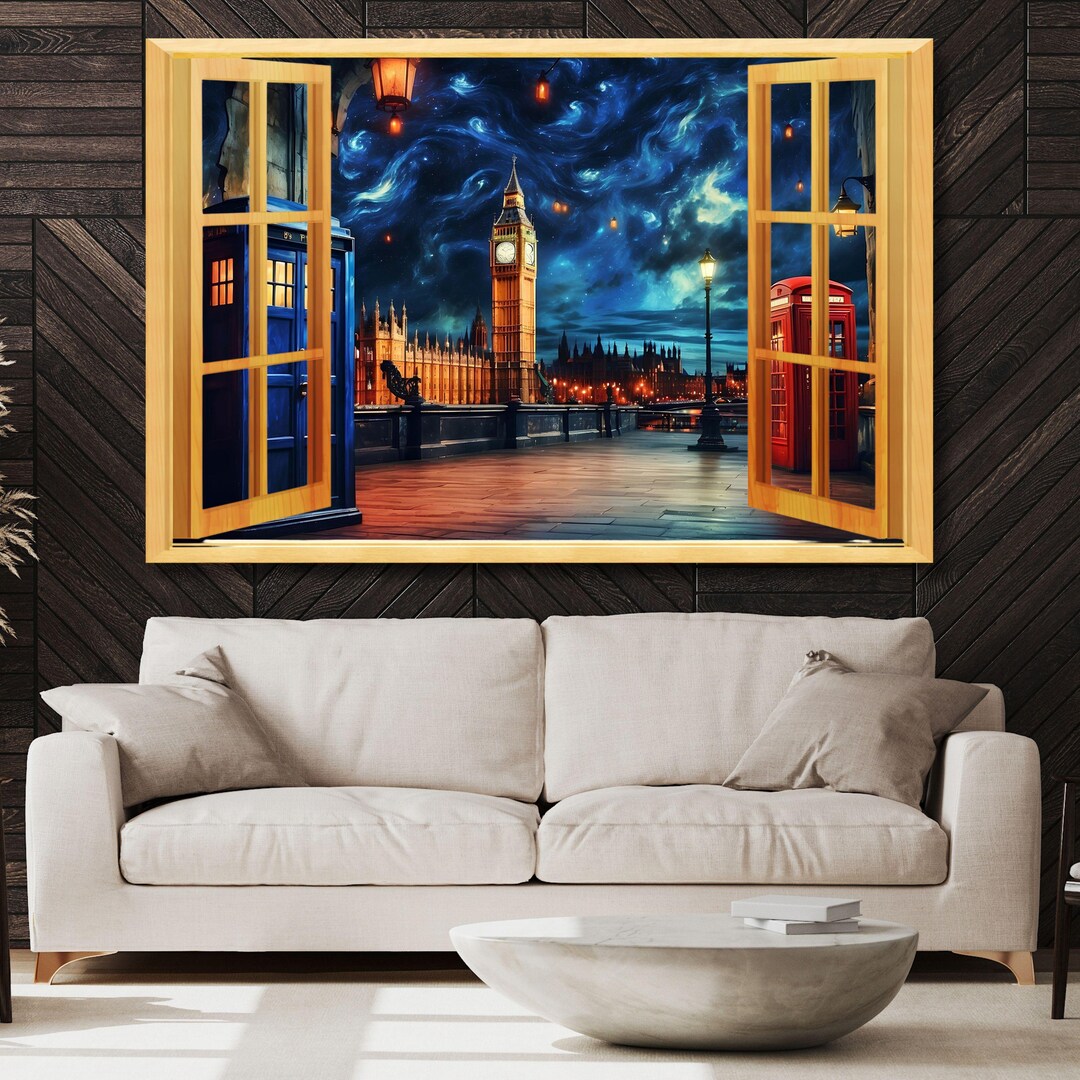 Big Ben TARDIS London Window Canvas Wall Art, Doctor Who Cityscape ...