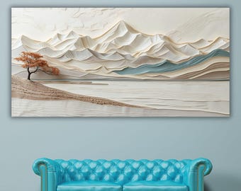 Lienzo moderno de montaña texturizado en 3D, arte mural minimalista en blanco y beige, pintura de naturaleza neutra con árbol, decoración zen grande para oficina, regalo artístico.