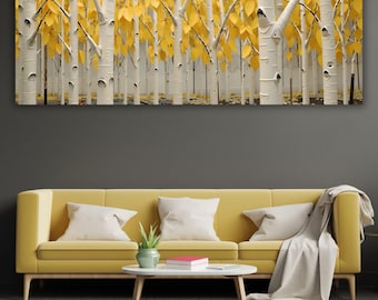 Cuadro moderno de bosque de abedules en lienzo, decoración de pared con álamos otoñales, lámina minimalista de hojas amarillas, regalo panorámico grande para el baño.