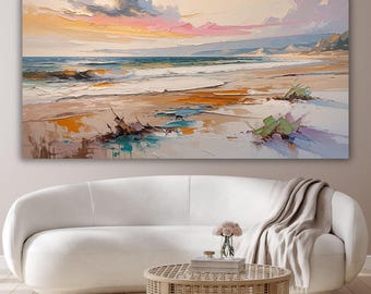Pastelowy wydruk na płótnie z zachodem słońca na plaży, abstrakcyjna sztuka ścienna z oceanem, nowoczesny plakat z nadmorskim krajobrazem, neutralny wystrój domu nad morzem
