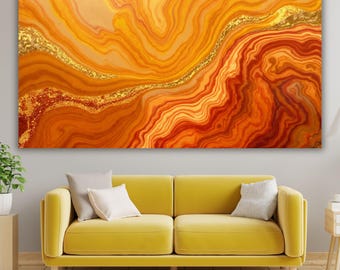 Modern Gold and Orange Agate Canvas Art, Luxury Marble Fluid Wall Decor, Large Abstract Stone Texture Painting, Elegant Warm Tone Home Gift