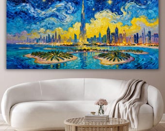 Dubai Starry Night Canvas Art, Van Gogh Style Burj Khalifa Skyline, Modern UAE Cityscape Wall Decor, Large Impasto Oil Painting Art Gift