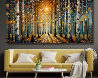 Lienzo impreso de un bosque de Gustav Klimt, arte mural de paisaje de bosque de hayas, decoración natural Art Nouveau, lámina de abedules dorados, regalo de galería de bellas artes