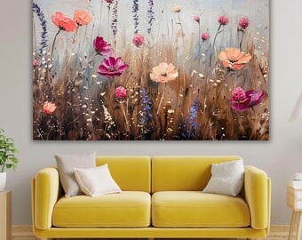 Wildflower Field Canvas Print, Pink Poppy Botanical Wall Art, Lavender Meadow Flower Poster, Earthy Floral Home Decor Gift