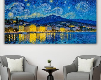 Lienzo de la Noche Estrellada de Ginebra, paisaje urbano suizo estilo Vincent Van Gogh, decoración de pared del lago de Ginebra, pintura al óleo empastada de gran tamaño, regalo artístico