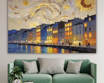 Plakat na płótnie „Gwieździsta Nocna Przystań”, sztuka ścienna w stylu Van Gogha, plakat z wirującym niebem nad wodą, dekoracja domu w niebiesko-złotą nocną scenerią