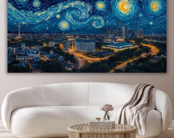 Singapore Starry Night Canvas Art, Van Gogh Style Marina Bay Skyline Decor, Modern Asia Cityscape Wall Art, Large Impasto Oil Painting Print