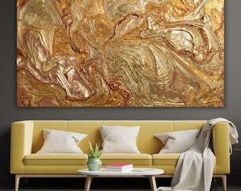 Lienzo abstracto fluido dorado de lujo, decoración de pared con textura metálica al óleo, pintura moderna de gran tamaño con pan de oro, elegante arte para oficina y sala de estar.