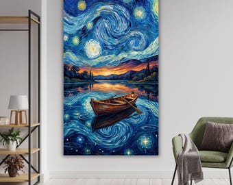 Cuadro decorativo de barco en la noche estrellada, impresión en lienzo inspirada en Van Gogh, póster con textura de reflejo en el lago, regalo grande vertical para inauguración de dormitorio.