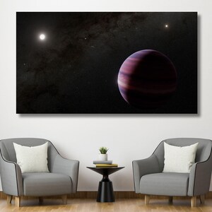 May include: A rectangular wall art print featuring a dark space scene with a large, striped, reddish-brown planet on the right side and a bright, glowing star in the upper left corner, set against a backdrop of deep black space with distant stars.