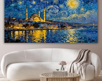 Lienzo de la Noche Estrellada de Estambul, horizonte de Santa Sofía estilo Van Gogh, decoración de pared del Puente del Bósforo, pintura al óleo grande empastada, regalo artístico