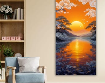 Lienzo de estilo japonés con atardecer en el lago, arte mural zen oriental, pintura natural inspirada en el ukiyo-e, impresión vertical de paisaje naranja, regalo de meditación