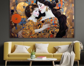 Plakat na płótnie z wizerunkiem matki i córki w stylu Klimta, złota sztuka ścienna w stylu secesyjnym, plakat z uściskiem mamy i dziecka, elegancki prezent dla rodziny
