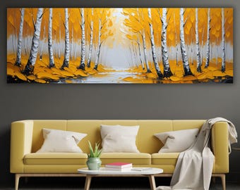 Yellow Birch Forest Canvas Art, Golden Autumn Tree Landscape, Panoramic Large Wall Decor, Modern Impasto Nature Painting, Luxury Home Gift