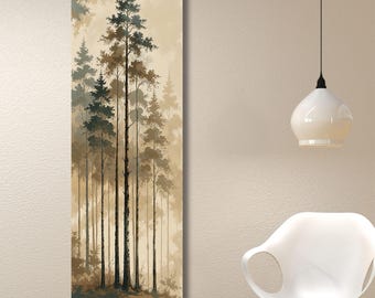 Misty Forest Canvas Wall Art, Vertical Woodland Landscape Print, Foggy Tree Scene, Serene Nature Decor, Long Narrow Unframed Poster Gift