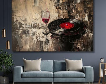 Abstract Canvas Wall Art – Red Wine Glass and Record Player Painting Print for Home, Bedroom, Living Room, or Office Decor