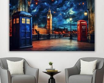 Plakat na płótnie z nocnym niebem w Londynie, sztuka ścienna z Big Benem w stylu Van Gogha, plakat z rozgwieżdżonym miastem, niebiesko-czerwony prezent do domu w Wielkiej Brytanii