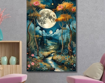 Moonlight Forest Canvas Wall Art, Mystical Night Landscape Painting, Nature Wall Decor, Dreamy Woodland Print for Home