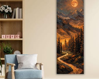 Cuadro de luna dorada texturizada sobre lienzo, decoración de pared de montaña con efecto impasto, impresión de pintura de paisaje nocturno de bosque de pinos, regalo vertical grande y acogedor para cabaña