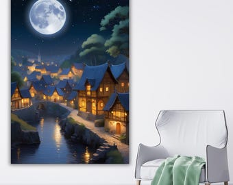Cuadro decorativo de pueblo fantástico, decoración de pared de cabaña medieval, lámina de pintura de río nocturno acogedor, gran paisaje lunar vertical, regalo de viaje