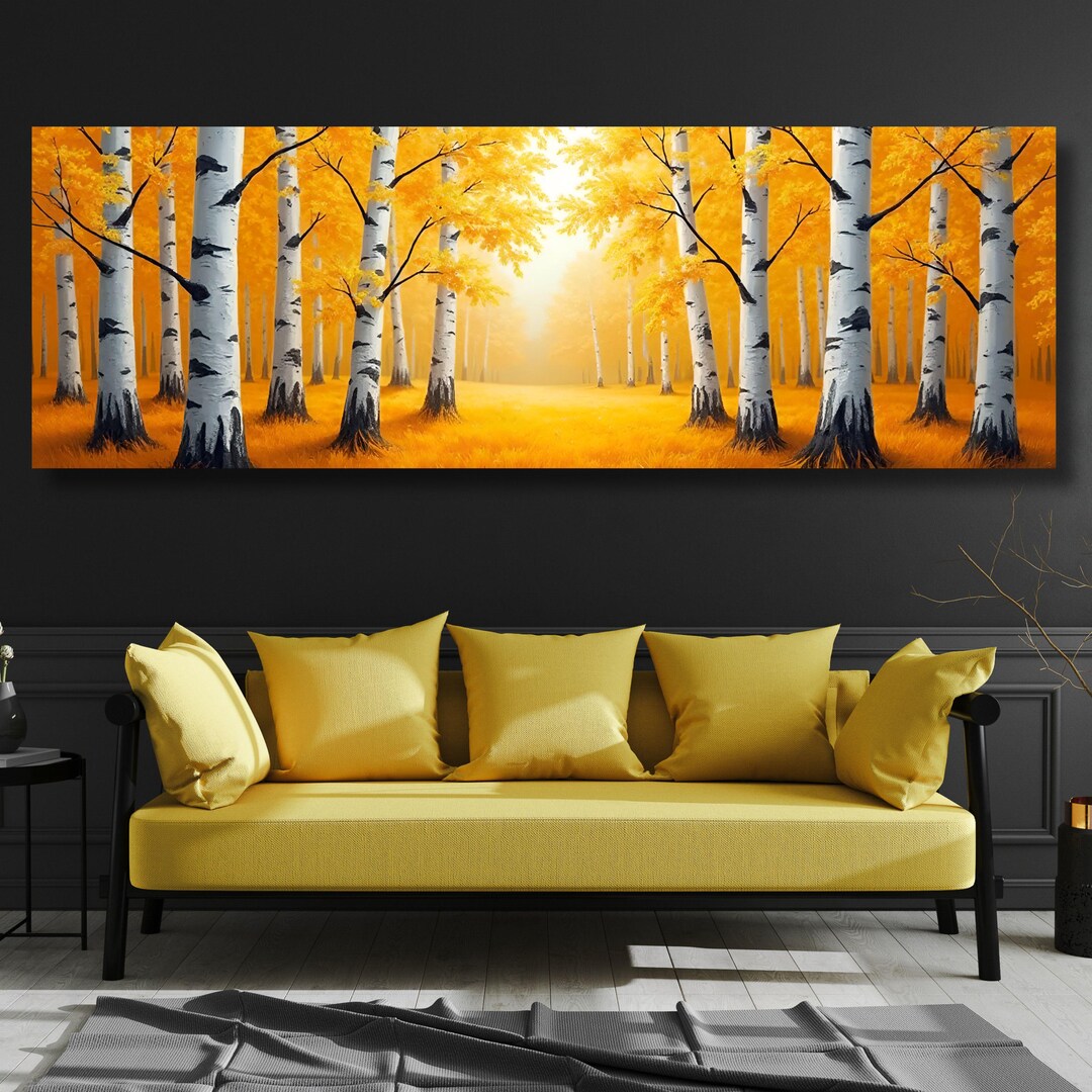Birch Tree Forest Autumn Leaves Canvas Wall Art, White Birch Trunk ...