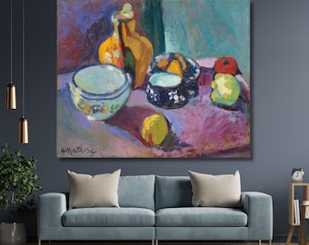 Henri Matisse Dishes and Fruit Canvas Wall Art – Colorful Still Life Painting Print for Kitchen, Dining Room, Living Room or Home Decor