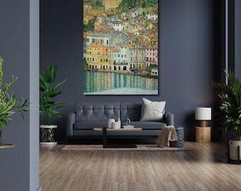 Gustav Klimt Malcesine aan het Gardameer canvas muurkunst, vintage landschapsschilderkunst, klassieke print uitzicht op het meer, Oostenrijks decor
