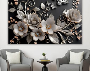 3D Silber Blumen Leinwand, Luxus Blumen Schmetterling Wandkunst, Weiß Gold dunklem Hintergrund Poster, elegantes modernes Wohndekor