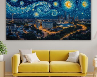 Lienzo de la noche estrellada de Singapur, decoración del horizonte de Marina Bay al estilo Van Gogh, arte mural de paisaje urbano asiático moderno, impresión de pintura al óleo empastada de gran tamaño