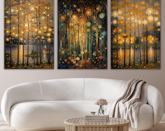 Juego de lienzos de 3 piezas con diseño de bosque estilo Klimt, tríptico de árbol abstracto dorado, paisaje Art Nouveau moderno, arte mural grande de lujo, decoración natural para el hogar.