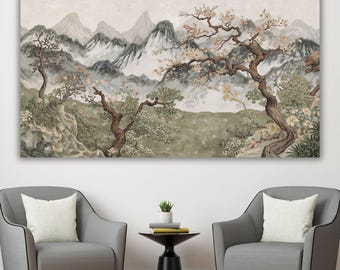 Obraz na płótnie „Chinoiserie Tree Mountain”, sztuka ścienna w stylu Williama Morrisa, plakat z azjatyckim krajobrazem botanicznym, neutralna szałwiowa zieleń, dekoracja domu