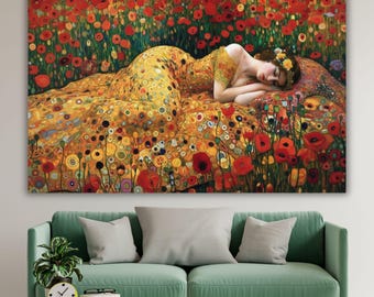 Obraz na płótnie „Śpiąca kobieta” w stylu Gustava Klimta, dekoracja ścienna „Czerwone pole maków”, obraz w złotej sukni w stylu secesyjnym, symboliczny kwiatowy prezent do domu