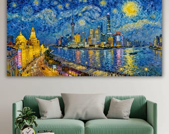 Lienzo de la noche estrellada de Shanghái, decoración del horizonte de China al estilo Van Gogh, arte mural de paisaje urbano asiático moderno, impresión de pintura al óleo empastada de gran tamaño