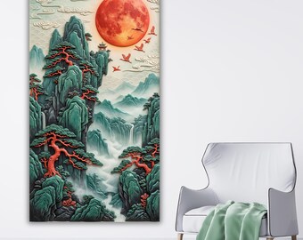 Cuadro decorativo Luna Roja Oriental, impresión en lienzo con efecto 3D de árbol bonsái, póster de paisaje asiático místico, regalo moderno de gran formato para inauguración de casa.