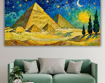 Lienzo de las Pirámides de Egipto en la Noche Estrellada, Horizonte de Giza estilo Van Gogh, Maravillas Antiguas, Decoración de Pared, Pintura al Óleo Impasto Grande, Regalo Religioso