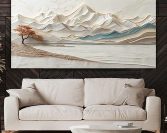 Modern 3D Textured Mountain Canvas, Minimalist White & Beige Wall Art, Neutral Nature Painting with Tree, Large Zen Office Decor, Art Gift